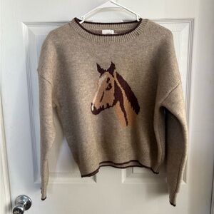 Elegant Tan Horse Motif Sweater